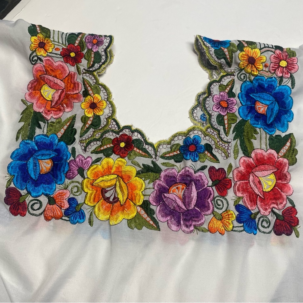 Handmade Beautiful Embroidered Colorful Floral White Mexican Boho Top